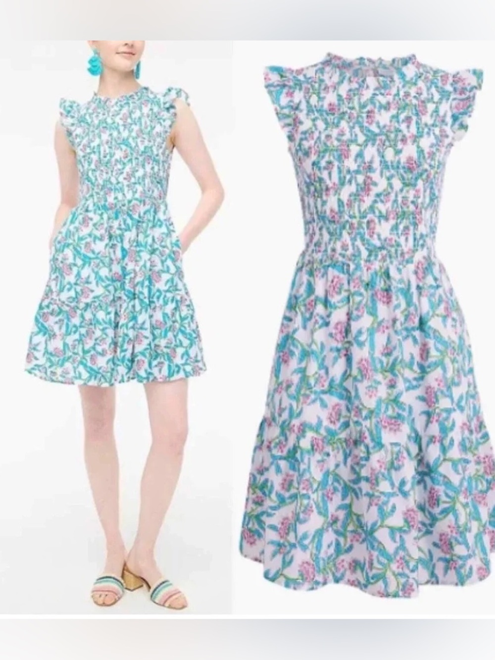 J.Crew Factory Medium Flutter-Sleeve Smocked Aqua Pink Floral Mini Tiered Dress